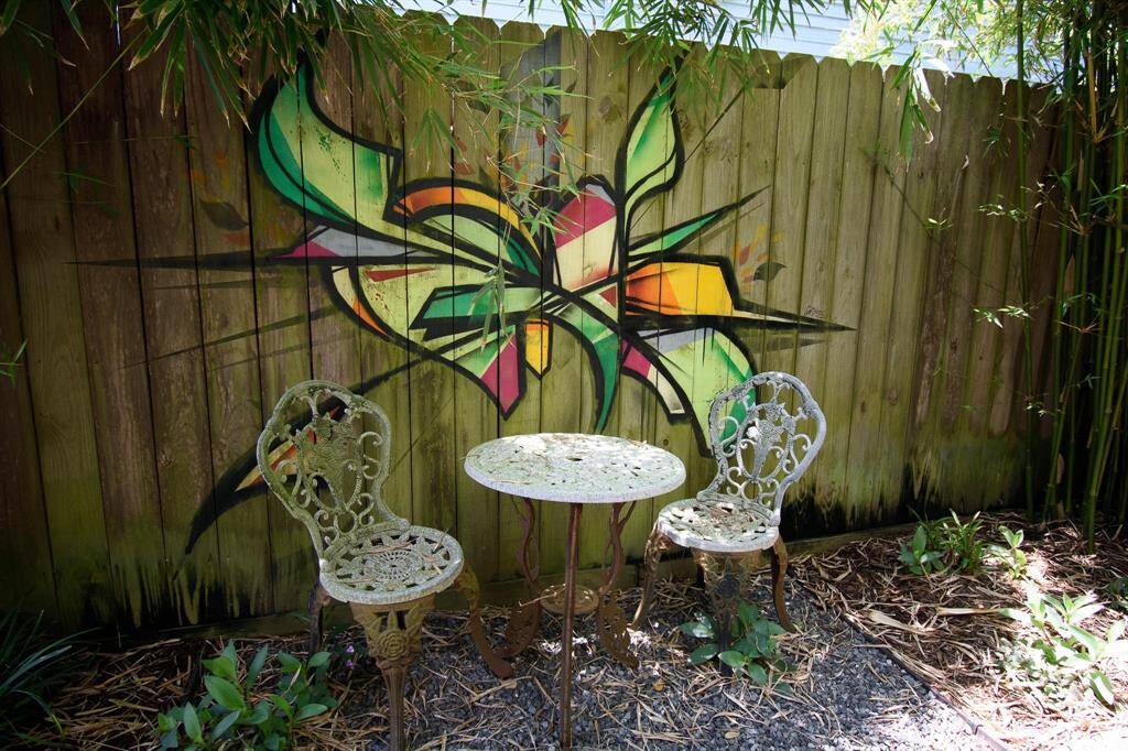 The yard offers peaceful areas to study or just relax