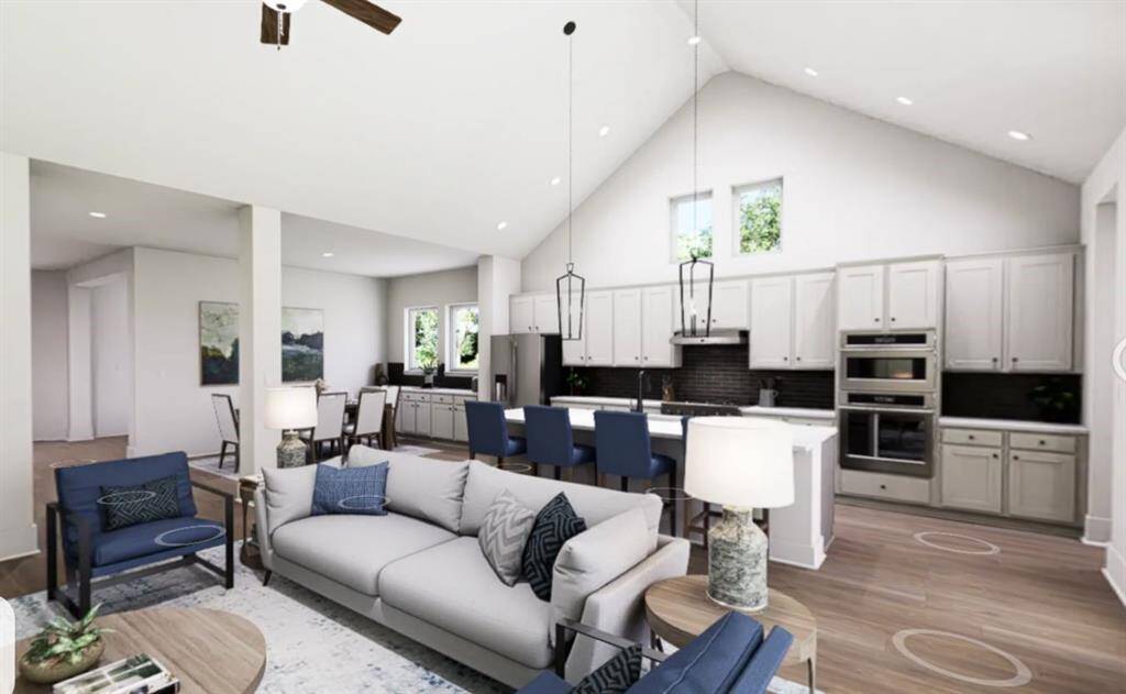 EXAMPLE PHOTO: A comfortable setting for hanging out with friends and family!  Your friends and family will be impressed with this dramatic ceiling at Living and Kitchen!