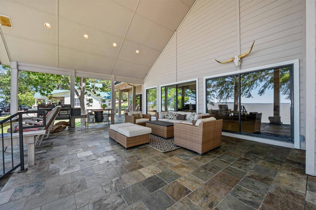 Enter the back patio from the large sliding glass doors.