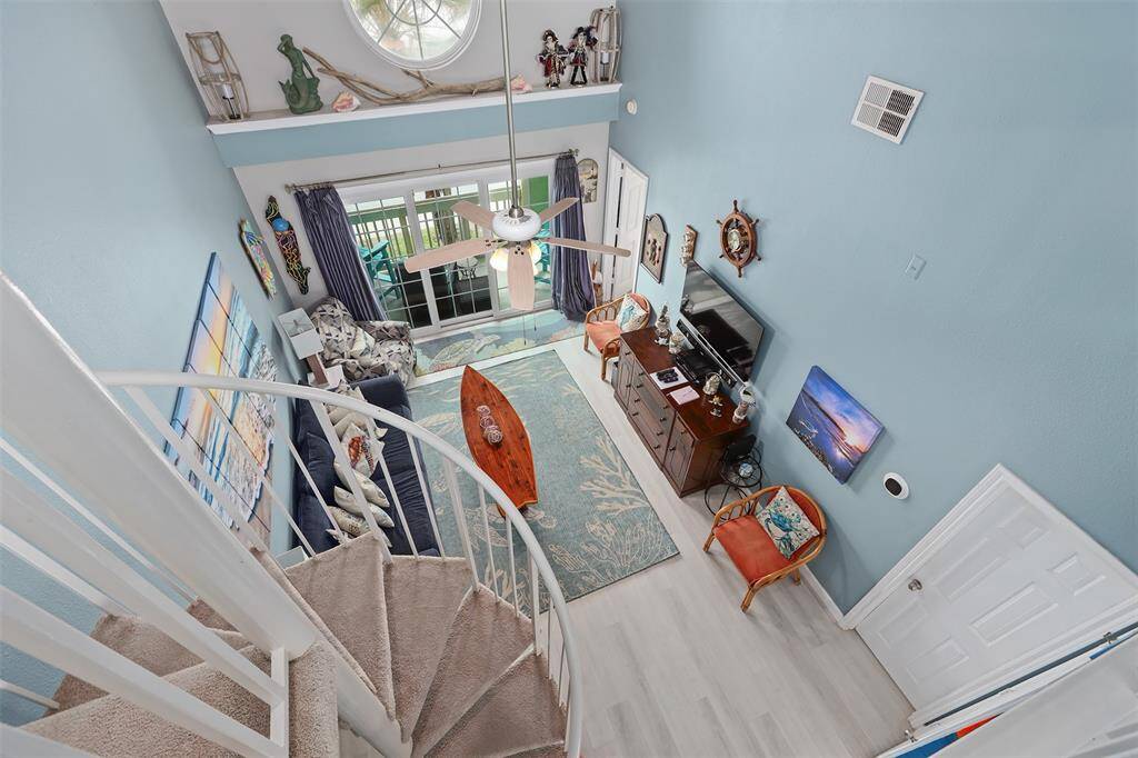 View from loft bedroom to living space below.