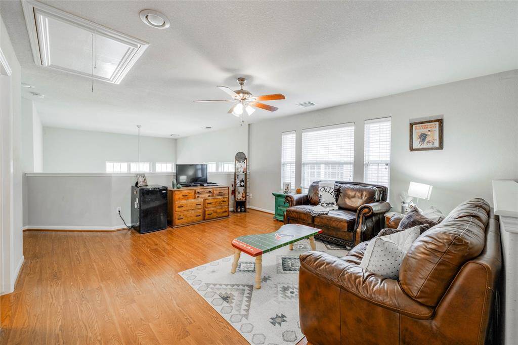 Spacious Game room located upstairs featuring wood floors, lots of natural light, 2 in blinds & ceiling fan.