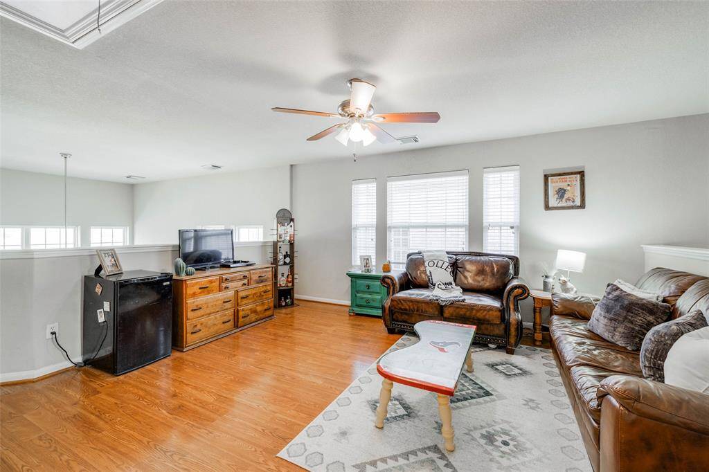 Spacious Game room located upstairs featuring wood floors, lots of natural light, 2 in blinds & ceiling fan.