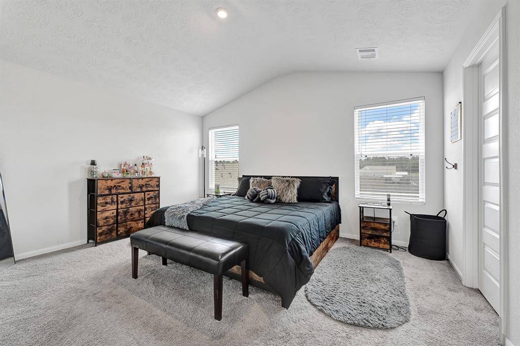 Primary bedroom features a spacious layout with vaulted ceilings, large windows for natural light, and neutral carpeting.