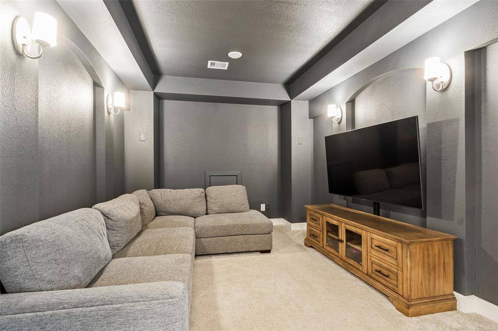 Cozy home theater room with dark gray walls and soft lighting, perfect for movie nights.