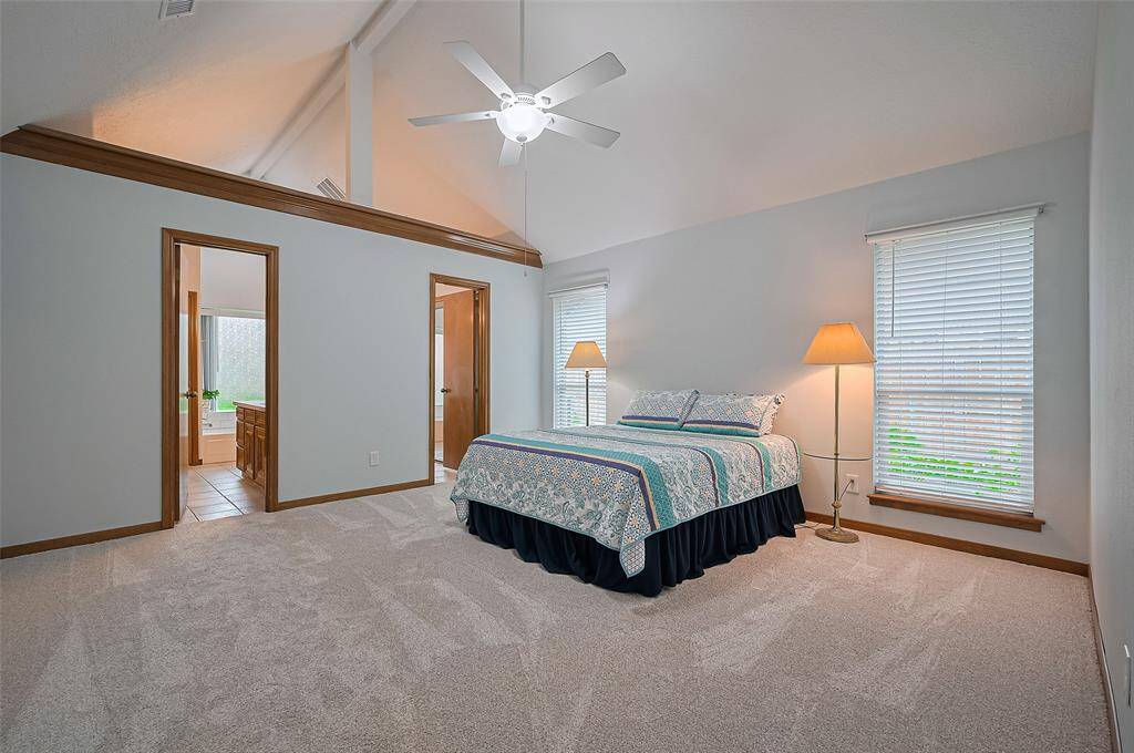 Look at all of this space! Architecturally unique with its open vaulted ceiling, the Owner's Suite feels both expansive and inviting. It features two separate doorways leading into the ensuite bathroom—designed for each person to have their own designated vanity and closet areas, offering both privacy and functionality.