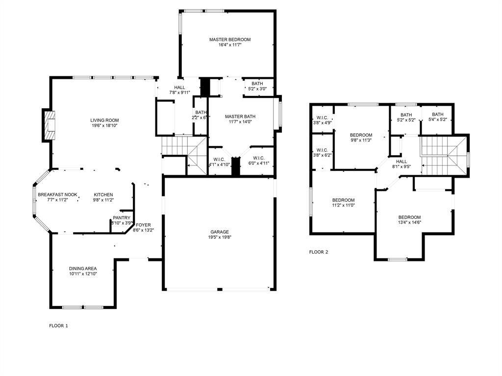This floor plan features a spacious two-story layout with a large primary bedroom and bath on the first floor, alongside a living room, kitchen with breakfast nook, dining area, and attached garage. The second floor includes three additional bedrooms, two bathrooms, and multiple walk-in closets.