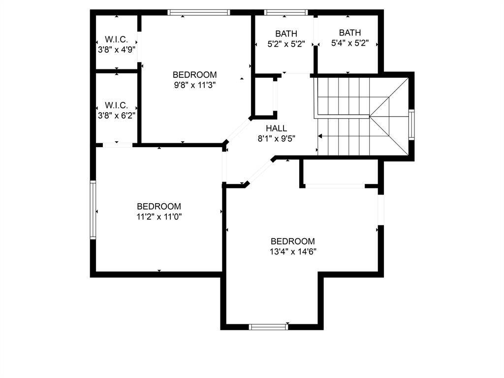 This second floor plan features three bedrooms, two bathrooms, and two walk-in closets. There's a central hallway and a staircase leading to other levels.
