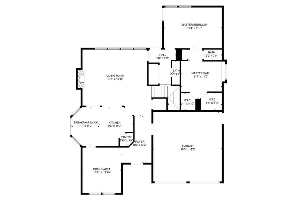 This first floor plan features a spacious layout with a large living room, kitchen with a breakfast nook, and a separate dining area. The primary bedroom includes two walk-in closets and an en-suite bath. There's also a half bath, pantry, and a two-car garage.