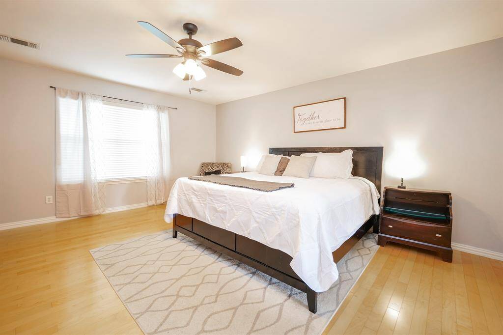 The oversized master bedroom offers a serene retreat with generous space, abundant natural light, and room for a sitting area or home office.