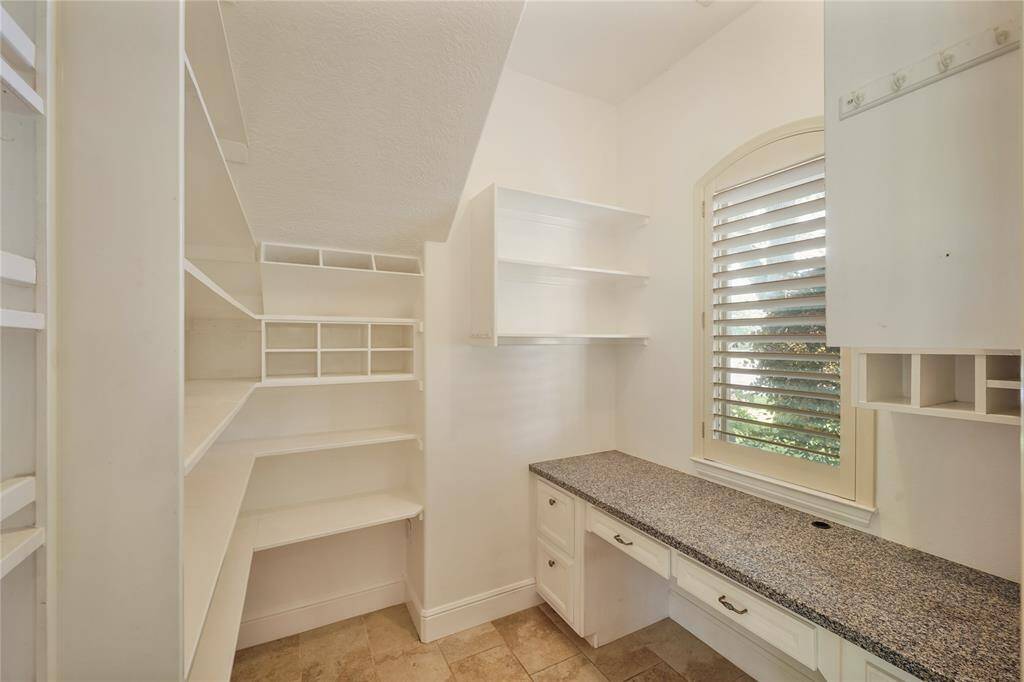 Functional, very large walk-in pantry with custom built-in desk