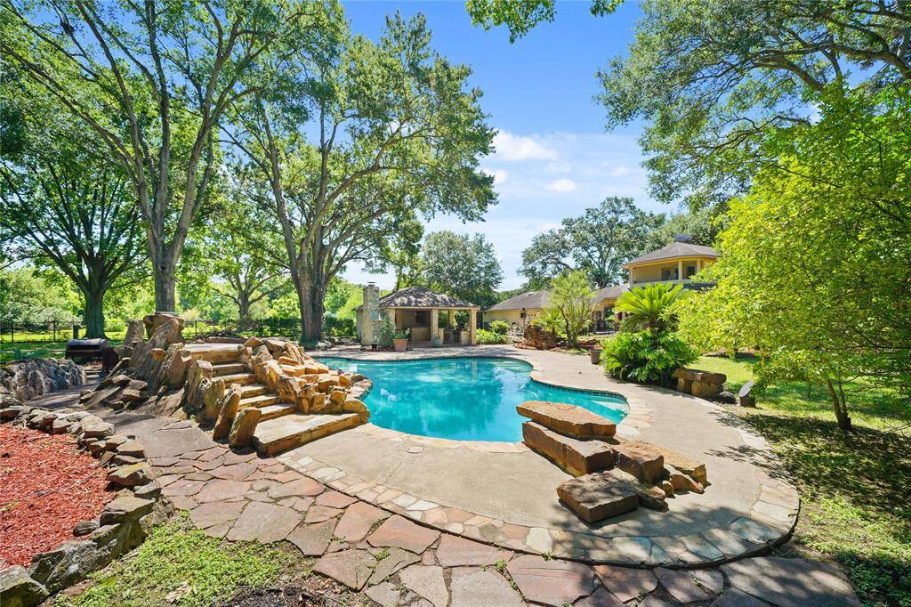 Thrilling poolside features, including a dramatic diving rock and fun waterslide - creating a dynamic and exciting outdoor space for recreation