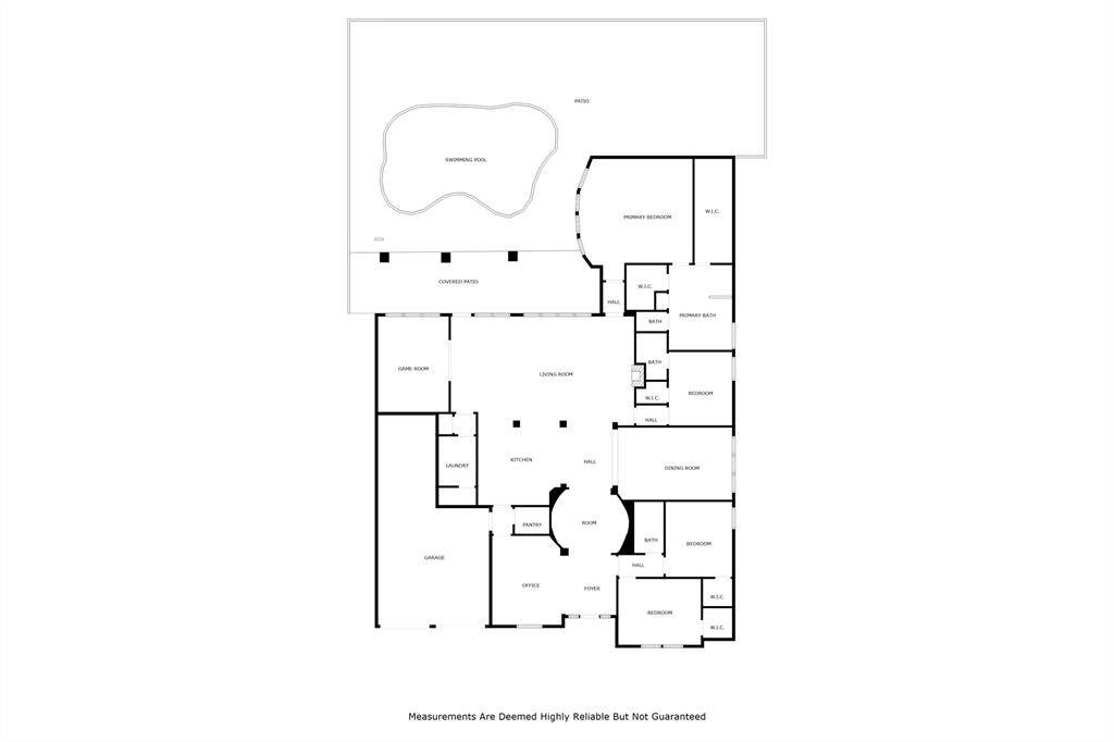 This floor plan features a spacious layout with four bedrooms, three bathrooms, a generous living area, dining room, and a kitchen with a pantry. Enjoy the added convenience of an office, game room, and laundry room. Outside, relax on the covered patio or take a dip in the backyard swimming pool. Plus, there's a garage for extra storage.