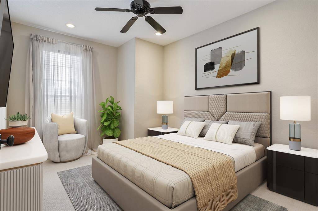 Virtually staged to inspire, this second bedroom offers soft natural light, plush carpeting, and a calming neutral palette. Ideal for guests, family, or a personalized retreat, the space is as flexible as it is inviting.