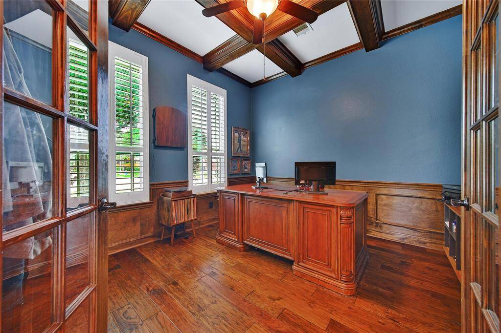 Home office with French Doors, Wood Beams and Plantation Shutters