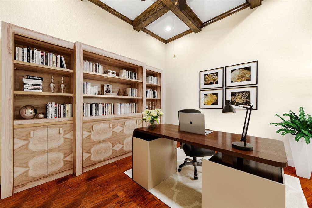 Nestled away quietly in the front of the home is the handsome and grand home office. Featuring high ceilings, custom paint, and large wood style flooring. *Virtually Staged
