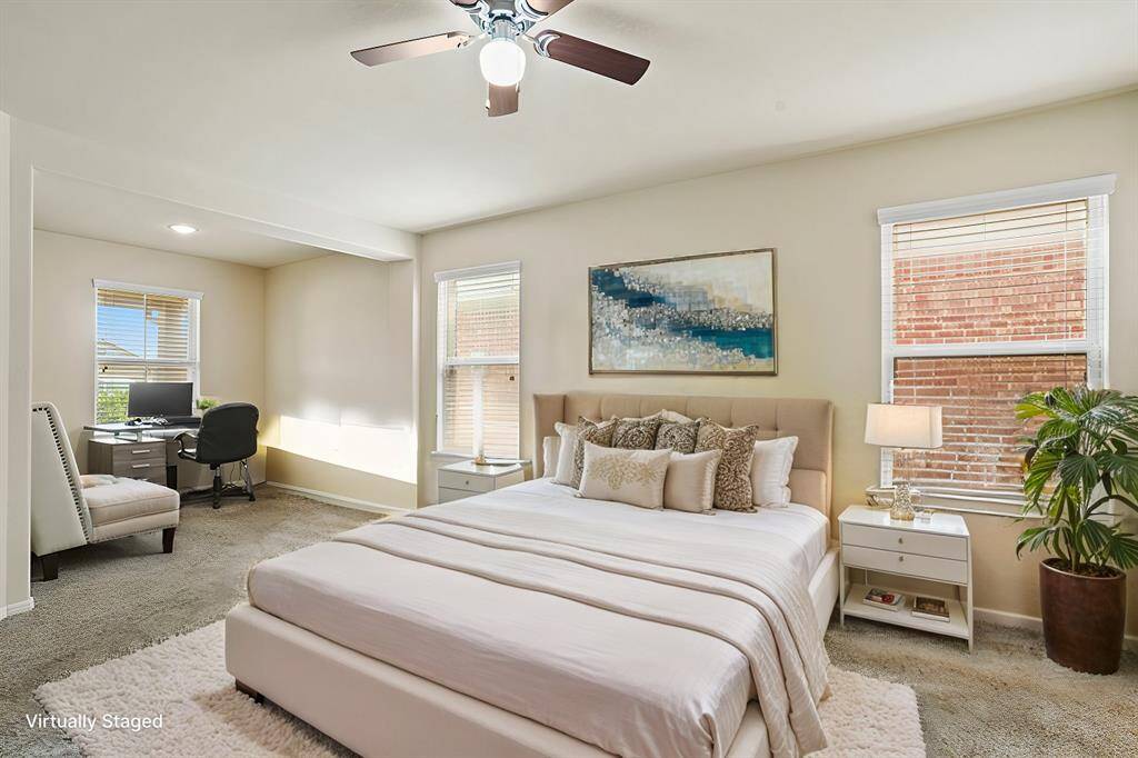 Virtually staged primary bedroom.