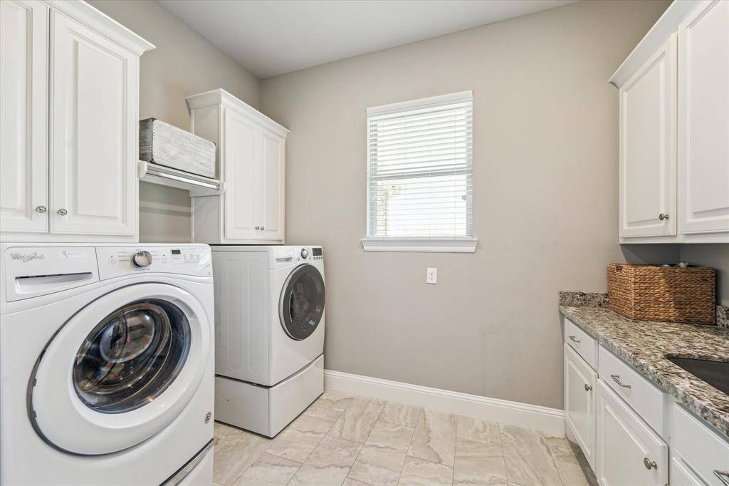 Laundry room on the first floor featuring plenty of cabinets and a  stainless steel sinkIncludes water hook up and space for 2nd refrigerator.