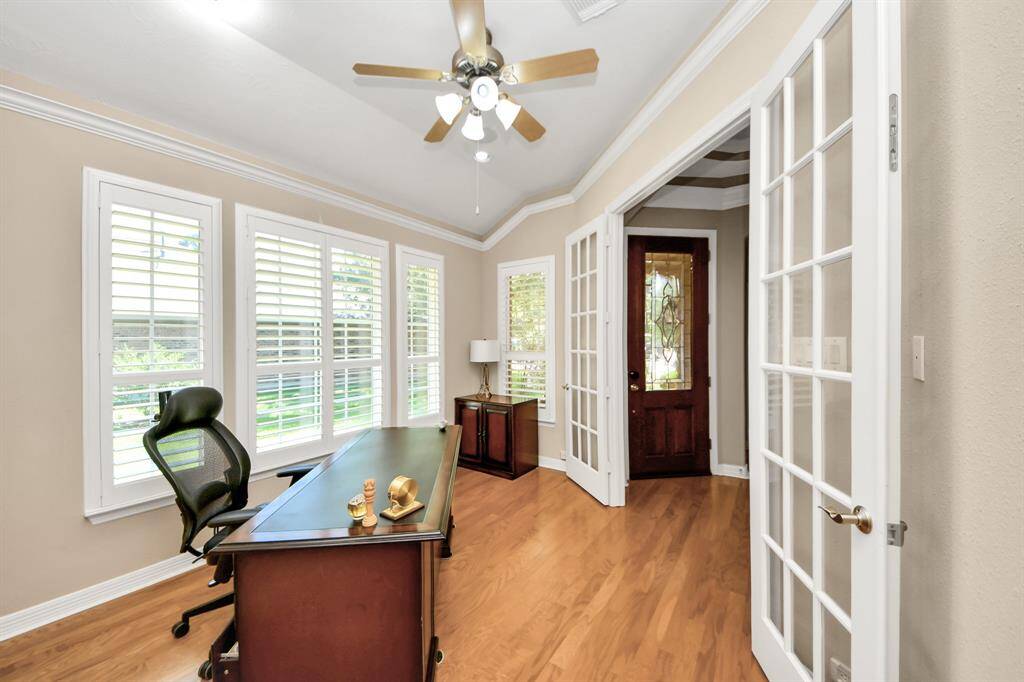 The Study is located as you walk into the house. Study offers double doors.