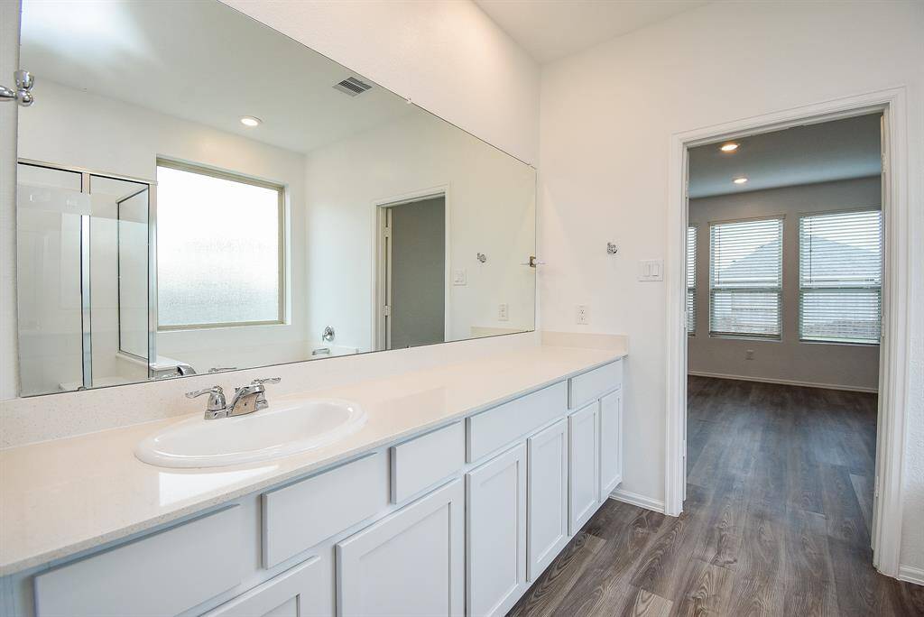 Expansive vanity area with ample counter space.