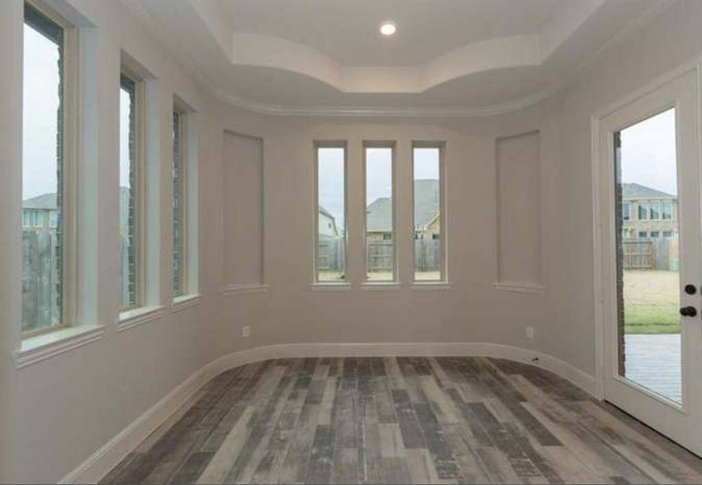 This bright and inviting breakfast area boasts expansive windows that flood the space with natural light, a stylish tray ceiling for architectural elegance, and wood-style flooring that adds warmth and charm.