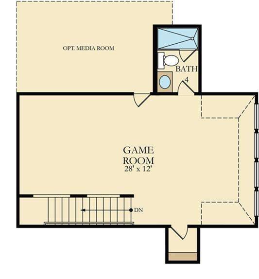 This floor plan features a spacious 28' x 12' game room with an optional media room and a bathroom. Stairs lead down to the main level, providing a versatile entertainment space.