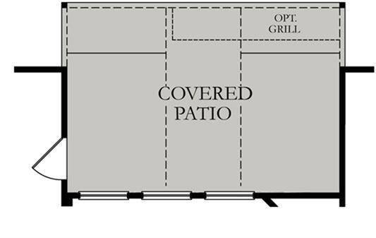 This image shows a floor plan for a covered patio with an optional grill area. It features an entry door and ample space for outdoor activities.