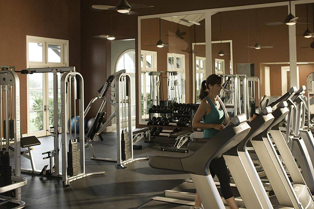 A well-equipped home gym with a variety of exercise machines, including treadmills and weightlifting equipment. The space is bright with large windows and mirrors, creating an inviting, spacious atmosphere.
