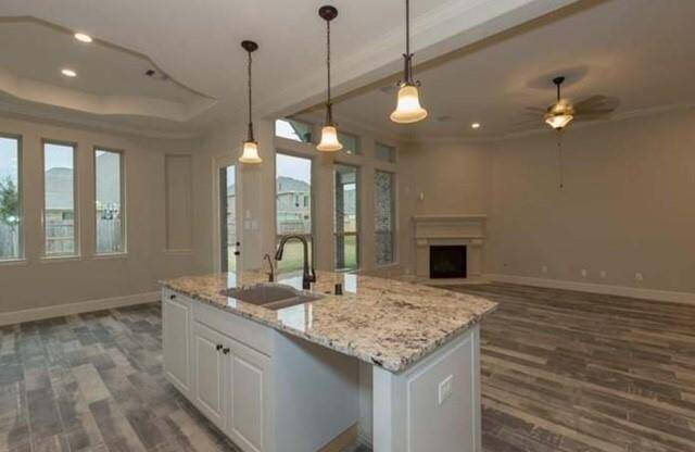 This open-concept living space features a modern kitchen with a large granite island, pendant lighting, and wood-look flooring. It flows into a spacious living room with a cozy fireplace and ample natural light from multiple windows. Ideal for entertaining and family gatherings.