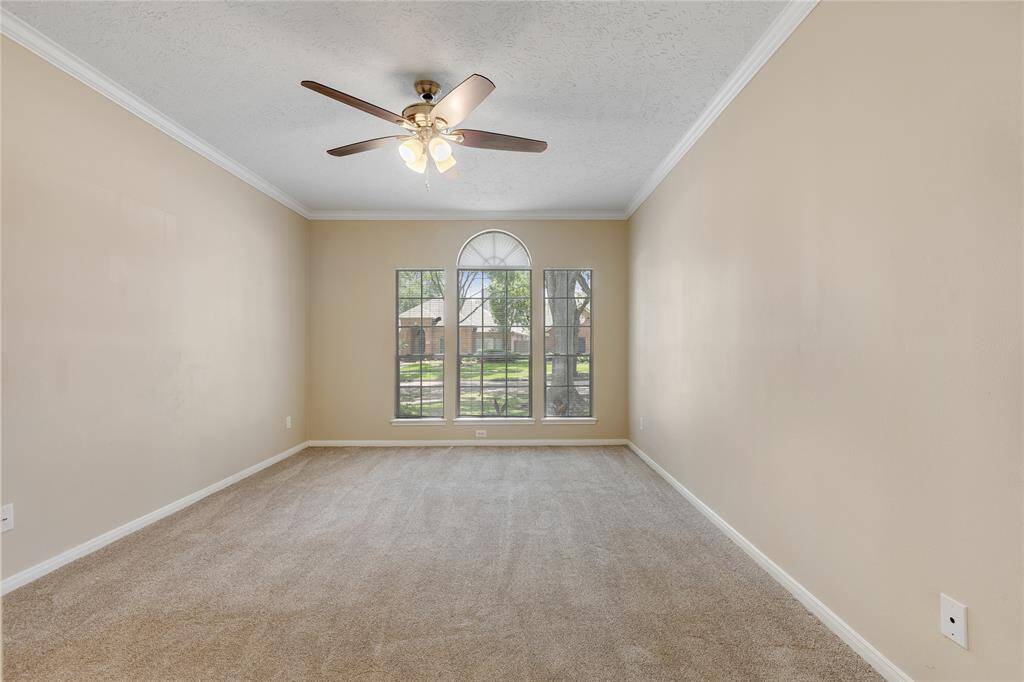 This generous primary bedroom is approximately 17x12 and will hold some oversized furniture.  The carpet is special pet resistant and has never been lived on