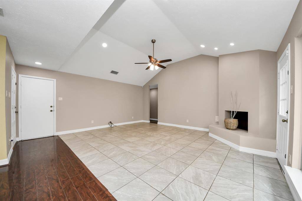 Living room with fireplace.