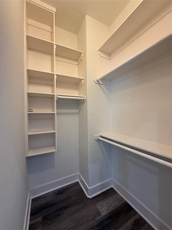 Walk-in closet with built-in shelving.