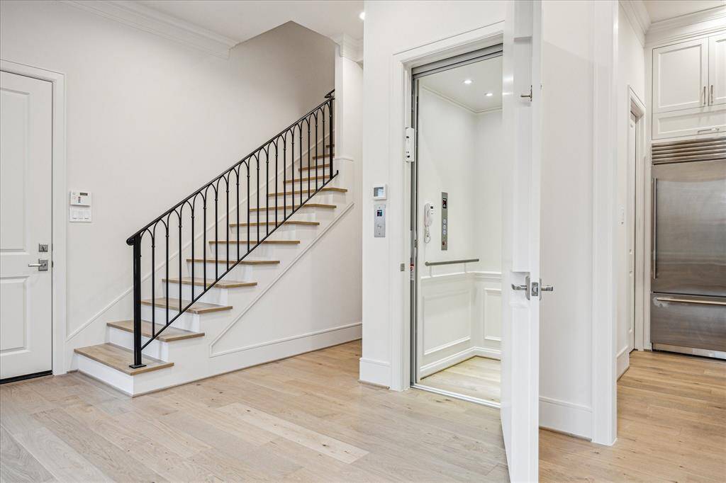 Elevator on first floor and goes to all floors.