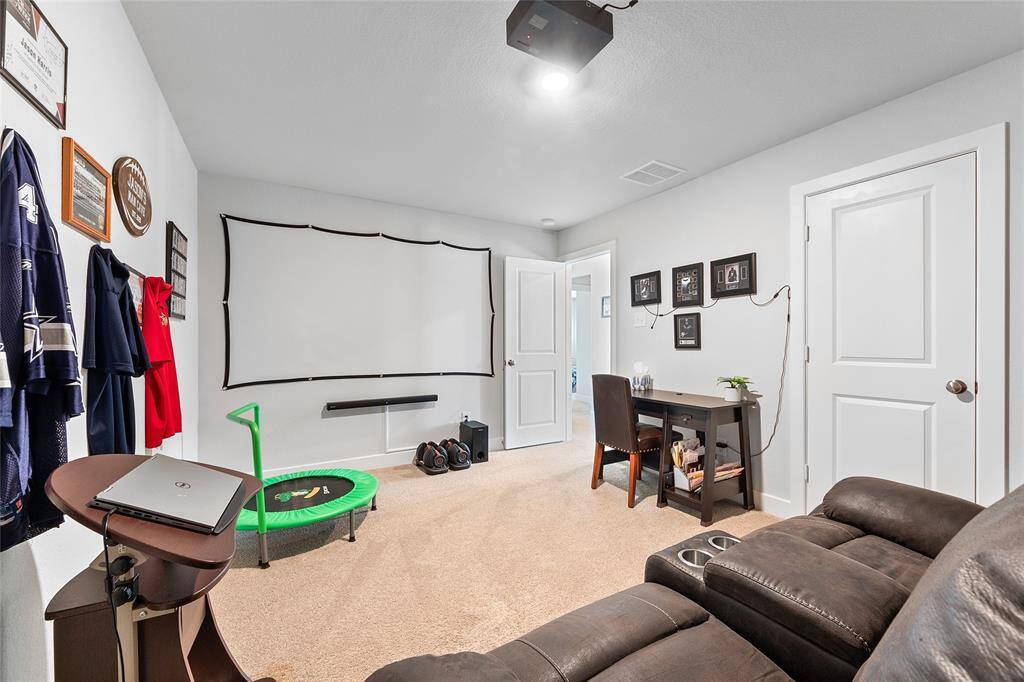 5th Optional Bedroom. Seller is currently using as media room but it does have it's own closet and can easily be converted to an additional bedroom. Plus you have the flex/study downstairs.