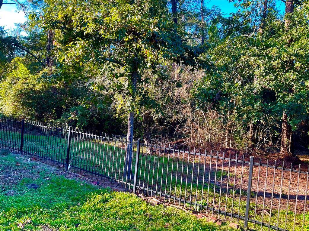 This photo shows a backyard with a black wrought iron fence bordering a wooded area. The space is 5 wooded acres owned by MUD 19.  There is a clean water plant, no noise, tons of privacy and the 5 acres will remain undeveloped. The home or streets have never flooded in this community.