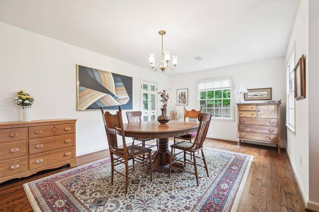 [DINING ROOM]  Whether styled with a farmhouse table or a more traditional setting, this dining room is the heart of the home, ready to make every meal feel special. An intimate space where natural light streams in through a large window, casting a gentle glow on the original hardwood floors.