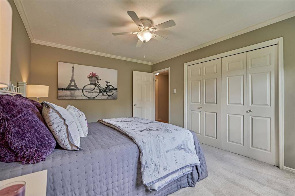 Soft and inviting with neutral walls and carpet, a ceiling fan for comfort, and ample closet space with white doors.