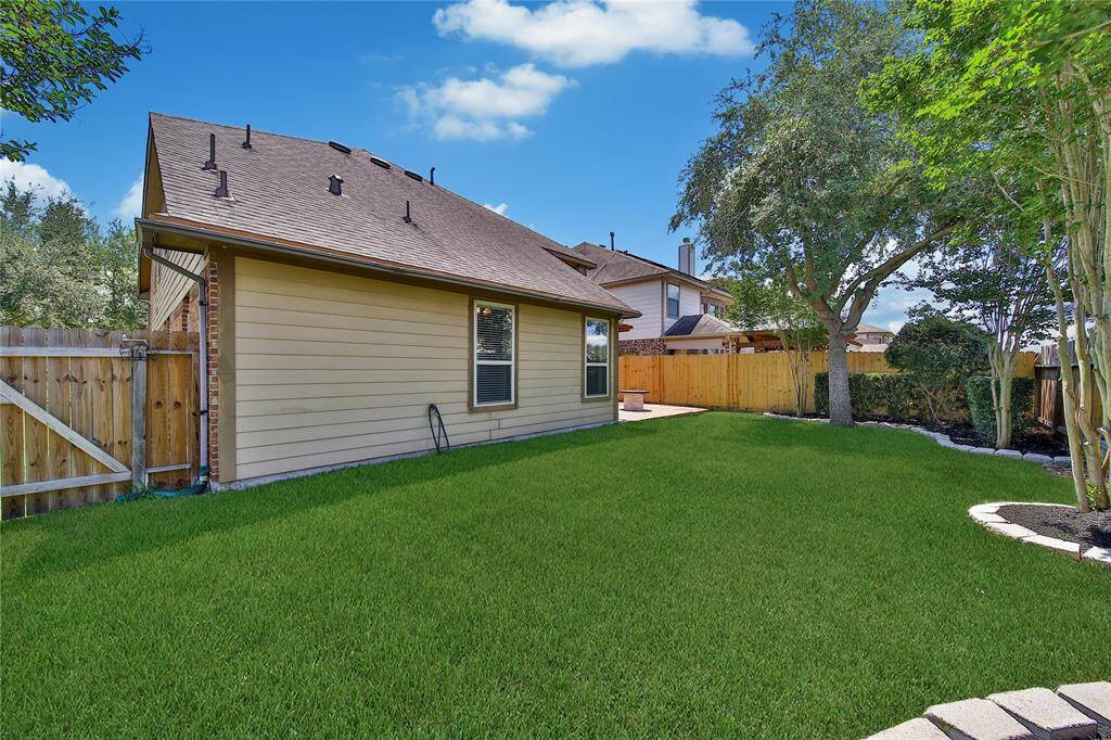 Green back yard with sprinkler system.
