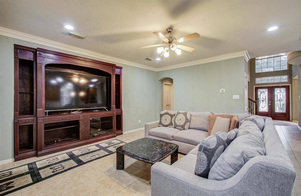 Downstairs family room with built-in entertainment