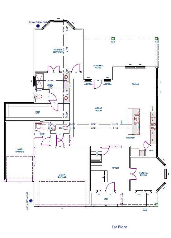Floorplan of 1st floor - includes the luxurious primary suite, private office space, custom kitchen, large living room that is open to below and a spacious laundry room and powder bath.