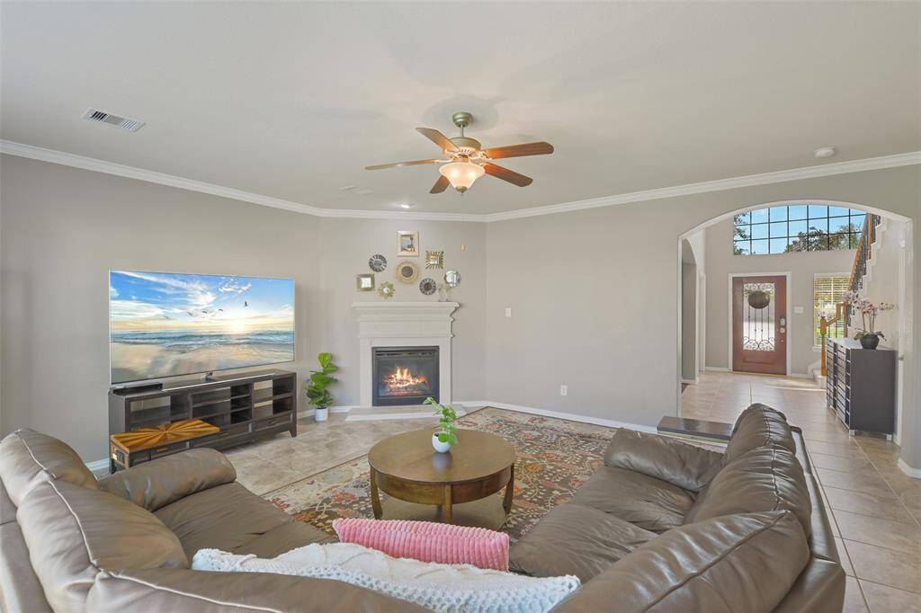 Built-in fireplace and lots of natural lighting