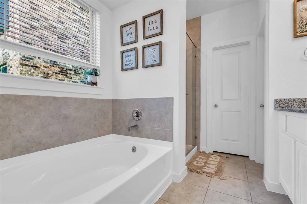 The primary en-suite bathroom offers a luxurious soaking tub, a separate glass shower, and a spacious walk-in closet.