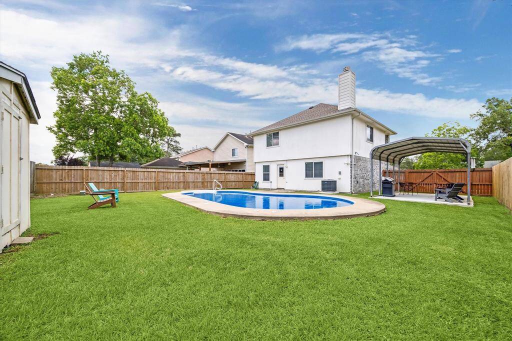 Enjoy a well-maintained private pool in a spacious backyard, perfect for relaxing, entertaining, and outdoor activities. The yard also includes a storage shed, providing convenient extra space for tools, pool supplies, or seasonal items. A perfect blend of functionality and fun!