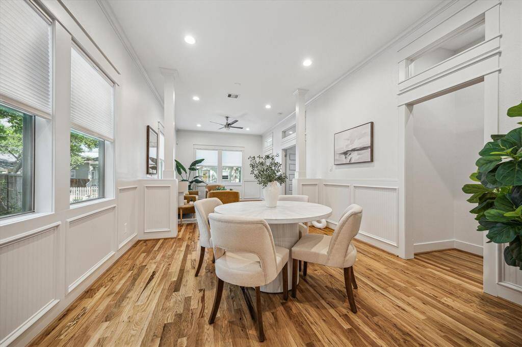 The dining room is open and is the perfect space for everyday meals and dinner parties