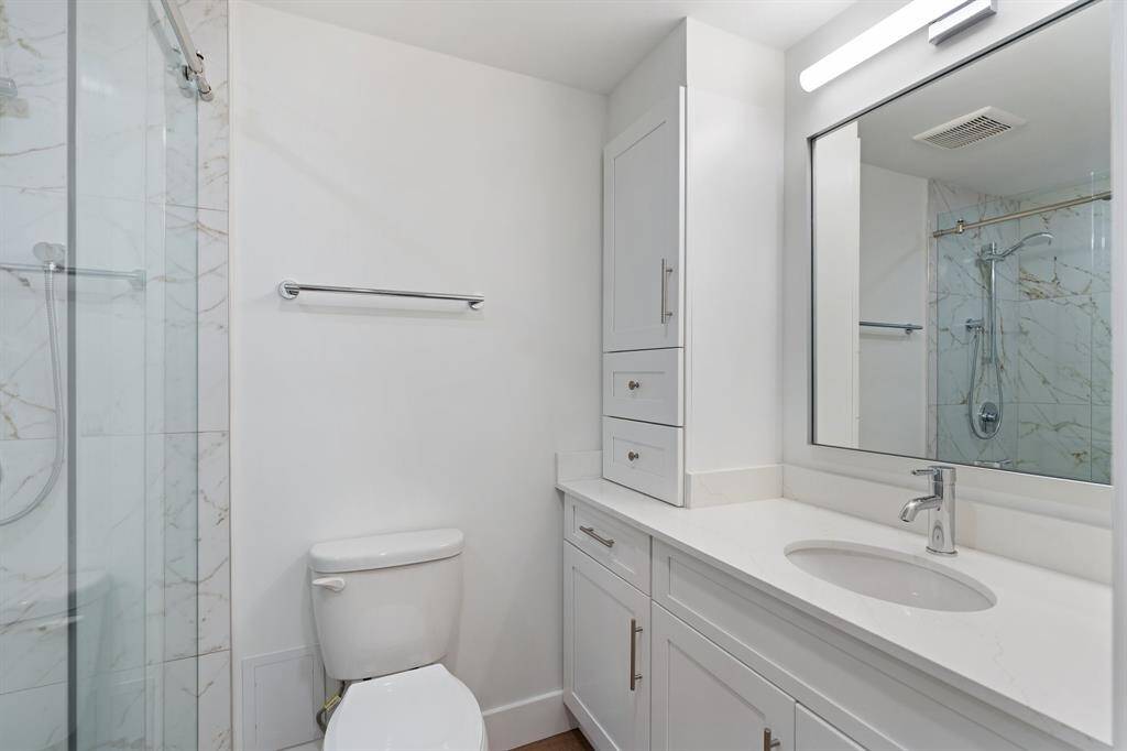 Guest bath with custom cabinetry, Quartz counters, sleek fixtures and seamless glass shower.