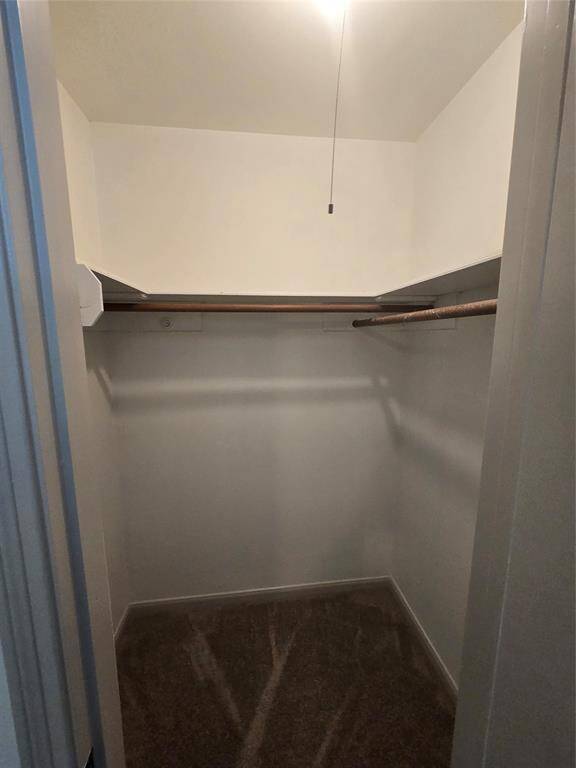 This photo shows a spacious walk-in closet with a high ceiling and a single overhead light. It features rods for hanging clothes on two sides and a carpeted floor.
