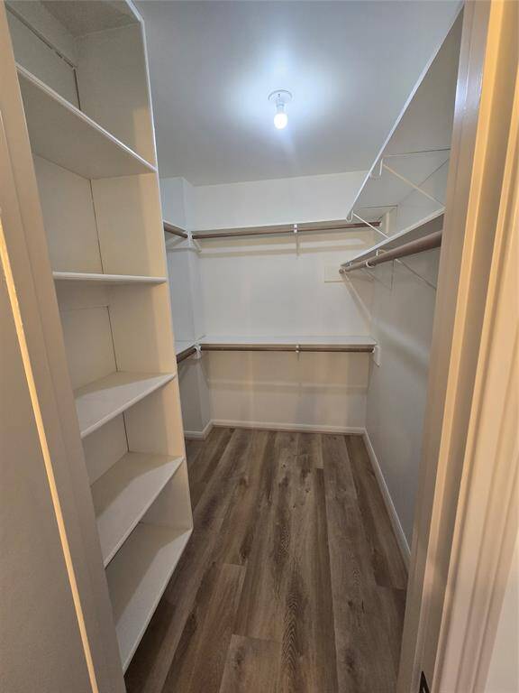 Spacious walk-in closet with ample shelving and hanging space, featuring wood flooring and bright lighting.