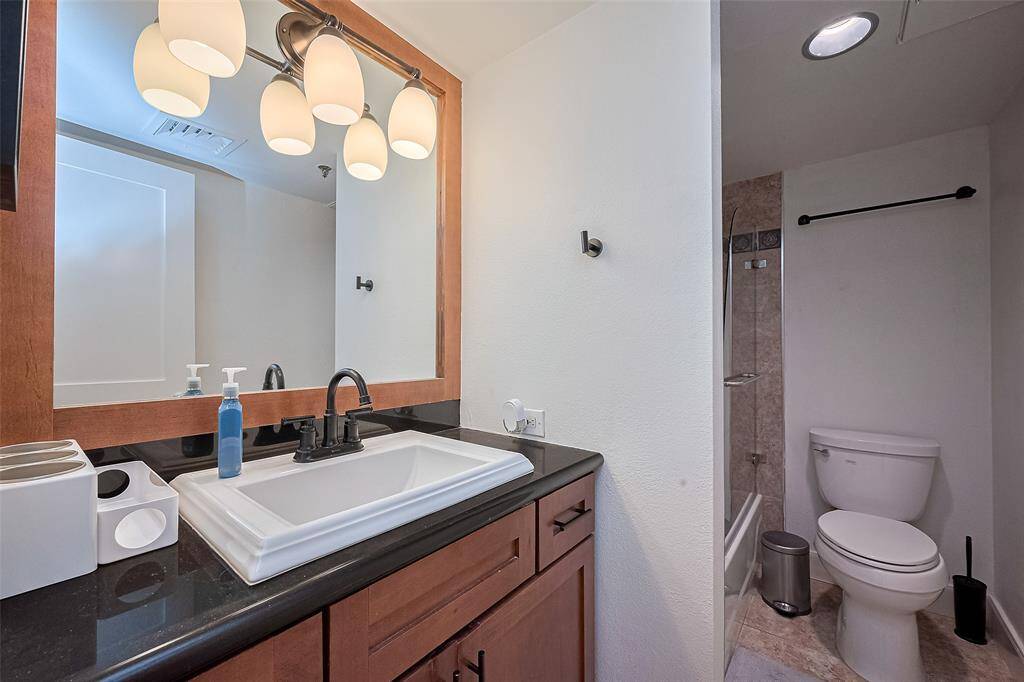 The secondary bathroom features a deep-toned vanity with ample under-sink storage, complemented by sleek finishes and elegant lighting.