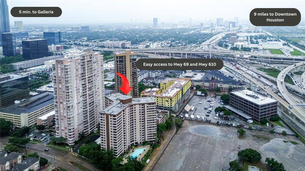 A broader aerial captures highway networks and the greater urban landscape, emphasizing the property’s prime location and accessibility.