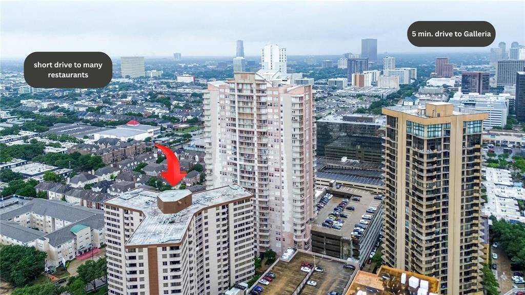 This focused shot highlights the upper levels of the building set against the Houston skyline, with the unit’s location on the 10th floor.