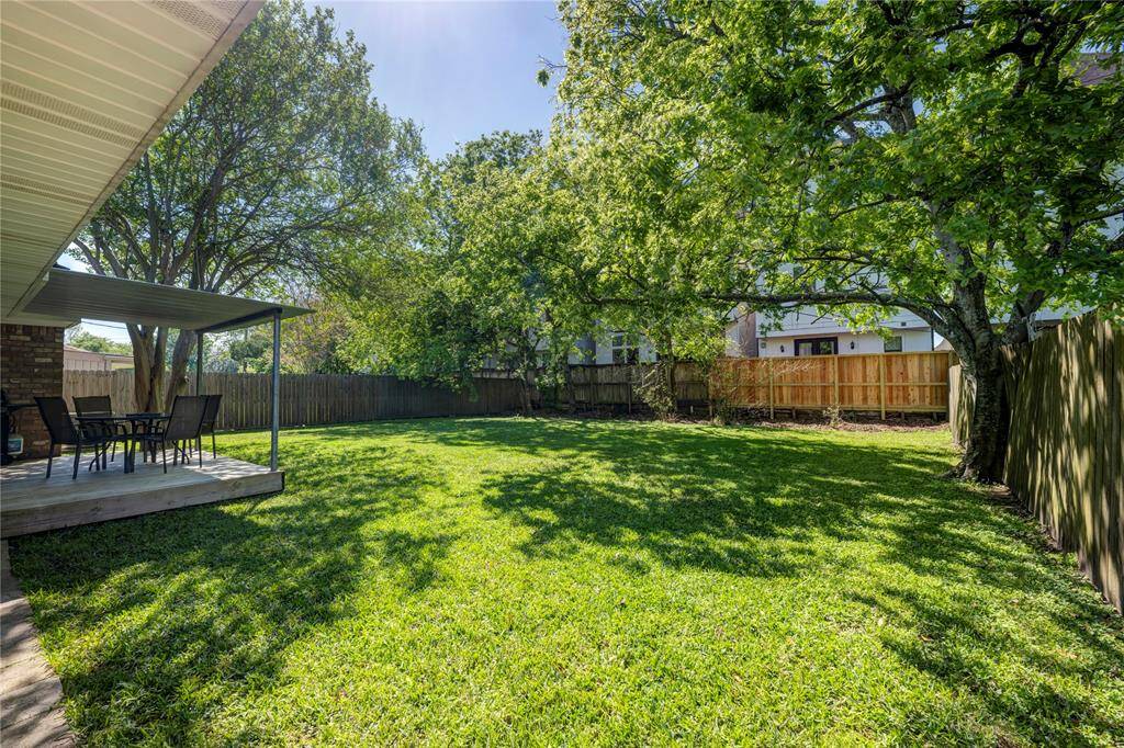 Lush green grass in backyard, mature trees providing shade, and a covered patio area perfect for outdoor dining or relaxation. The yard is fenced for privacy, creating an ideal setting for gatherings or pets.